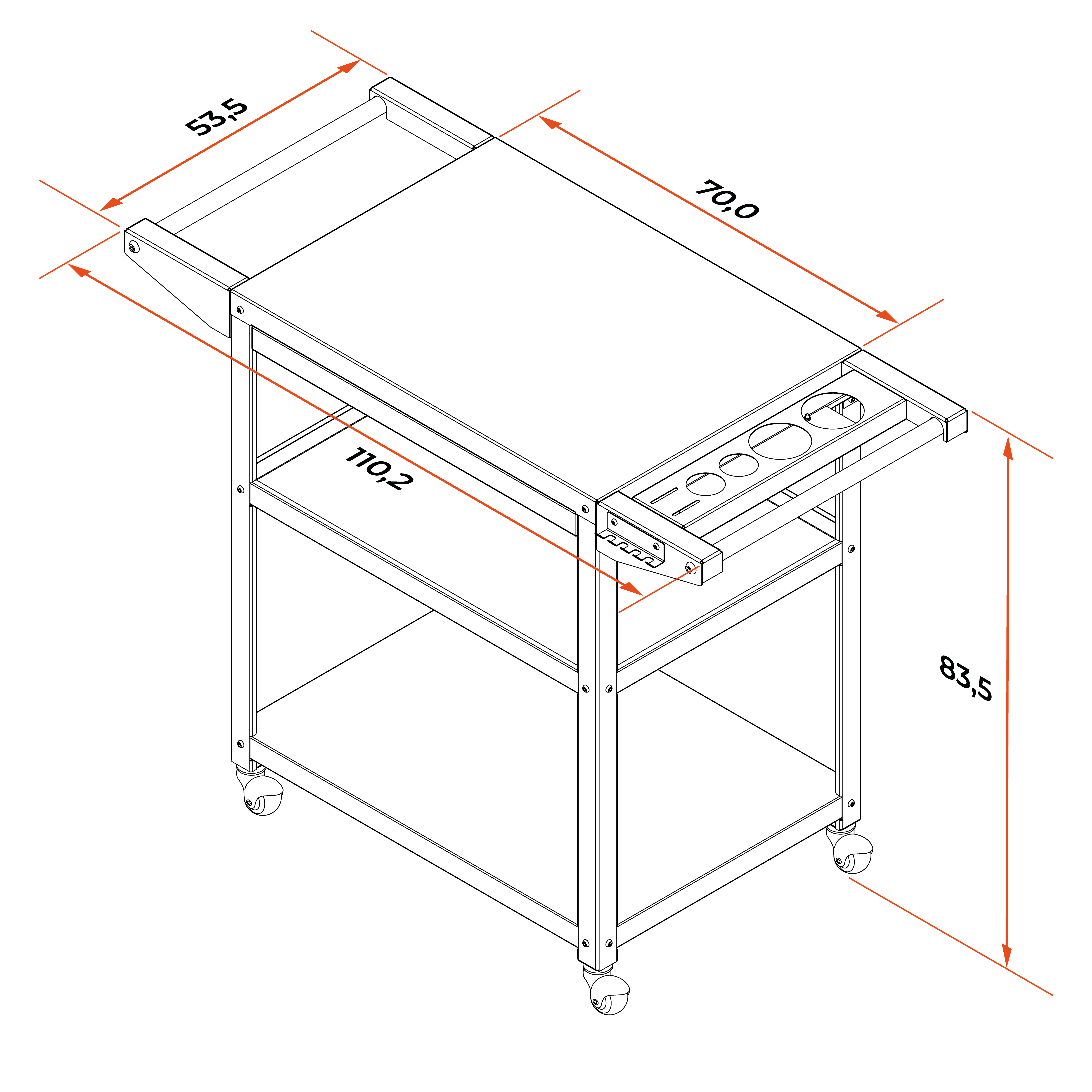 Стол передвижной Patio. Габариты, чертёж